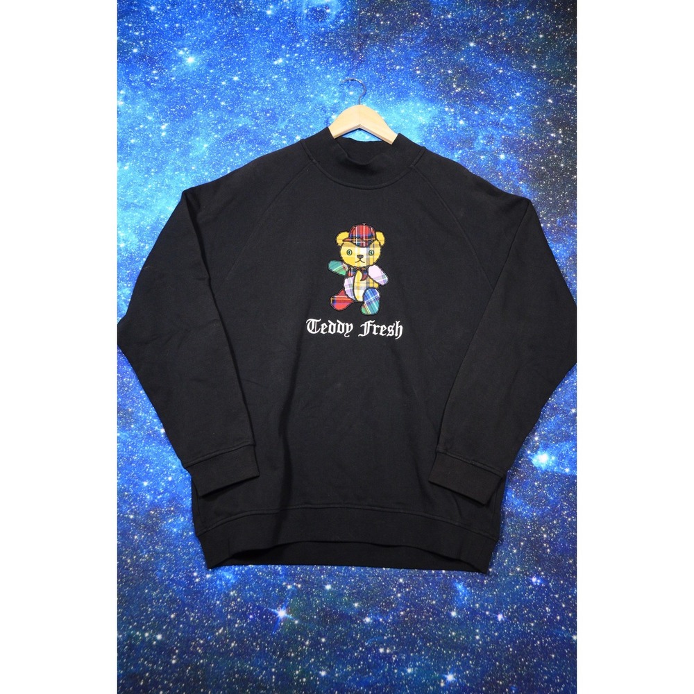 Teddy Fresh Sweatshirt Mens Large Black Plaid Bear Crewneck Pullover‎ Streetwear